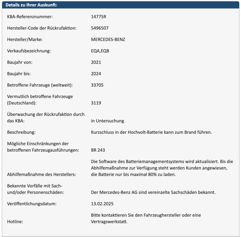 KBA Rückruf 14775R (5496507) Brandgefahr bei Mercedes EQB und EQA.