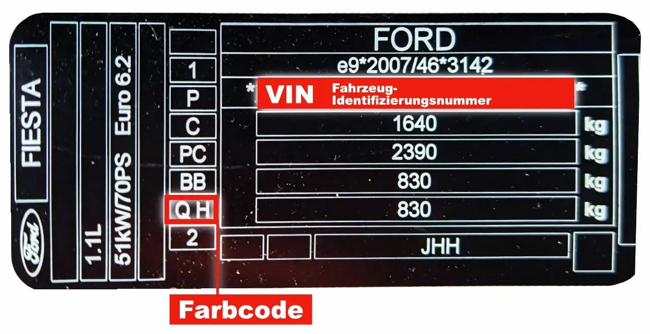 Ford Farbcode finden auf Typenschild